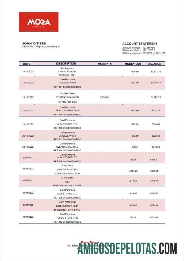 Exemplo de extrato do Banco Moza de Moçambique